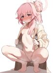  1girl absurdres blue_archive breasts coat diu1 flashing hair_bun halo highres naked_coat natsu_(band)_(blue_archive) natsu_(blue_archive) navel open_clothes pink_eyes pink_hair pussy simple_background small_breasts squatting steam steaming_body white_background 