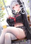  1girl absurdres alice_vu azur_lane black_sailor_collar black_shirt black_skirt closed_mouth crossed_legs curtains formidable_(azur_lane) formidable_(the_lover&#039;s_heart_flutters_on_duty)_(azur_lane) grey_hair highres indoors long_hair long_sleeves looking_at_viewer manjuu_(azur_lane) midriff neckerchief red_eyes red_neckerchief sailor_collar school_uniform shirt signature sitting skirt solo sweat swimsuit thighhighs twintails white_thighhighs window 