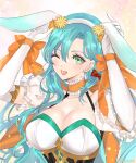  1girl ;d absurdres animal_ears aqua_hair breasts chloe_(fire_emblem) chloe_(spring)_(fire_emblem) choker cleavage commentary_request elbow_gloves eyelashes fake_animal_ears fire_emblem fire_emblem_engage fire_emblem_heroes frilled_choker frills gloves green_eyes hair_between_eyes helen_(helen2210hk) highres large_breasts long_hair looking_at_viewer official_alternate_costume one_eye_closed open_mouth orange_choker puffy_short_sleeves puffy_sleeves rabbit_ears short_sleeves smile solo twitter_username upper_body very_long_hair white_gloves 