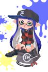  1girl baseball_cap black_footwear blue_hair closed_mouth dark_blue_hair full_body green_eyes hat highres inkling inkling_girl inkling_player_character koike3582 long_hair long_sleeves looking_at_viewer paint_splatter pointy_ears sitting sloshing_machine_(splatoon) smile solo splatoon_(series) striped_clothes striped_sweater suction_cups sweater tentacle_hair very_long_hair 