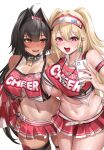  2girls absurdres ahoge bare_shoulders bay_(nikke) belt black_hair blonde_hair blush breasts brown_eyes cellphone_charm charm_(object) cheerleader clay_(nikke) cleavage clothes_writing english_text goddess_of_victory:_nikke hair_intakes hair_ornament hairclip highres holding holding_phone huge_breasts kurone_rinka large_breasts long_hair looking_at_another looking_at_viewer mole mole_on_stomach mole_under_mouth multiple_girls nail_polish navel open_mouth phone pleated_skirt ponytail red_eyes red_shirt red_skirt see-through see-through_cleavage shirt simple_background skirt smile star_(symbol) sweat tan tanlines teeth thighs underboob upper_teeth_only very_long_hair visor_cap whistle whistle_around_neck white_background white_belt 