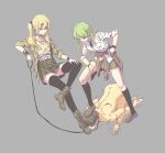  1boy 2girls absurdres bdsm blonde_hair clothes_around_waist collar femdom green_hair gyaru highres kogal long_hair masochism multiple_girls ni3e2a1en1 original sadism skirt thighhighs 