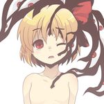  aoi_tobira blonde_hair breasts cheek_poking collarbone darkness eyes fullmetal_alchemist hair_ornament hair_ribbon looking_at_viewer no_nipples nude one_eye_closed open_mouth poking pride red_eyes ribbon rumia sharp_teeth short_hair simple_background small_breasts solo teeth touhou upper_body white_background 