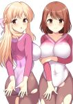  2girls absurdres ass athletic_leotard black_pantyhose blonde_hair braid breasts brown_eyes brown_hair commission covered_navel covering_ass covering_privates french_braid girlfriend_(kari) highres large_breasts leotard long_hair multicolored_leotard multiple_girls pantyhose perapera sasahara_nonoka shiina_kokomi short_hair skeb_commission thigh_gap torn_clothes torn_pantyhose v-neck white_leotard 