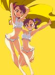  armpits arms_up bad_id bad_twitter_id bare_legs barefoot bikini bikini_pull blush brown_eyes brown_hair frilled_bikini frills futami_ami futami_mami grin hair_ornament idolmaster idolmaster_(classic) kusanagi_tonbo looking_at_viewer multiple_girls navel outstretched_arms siblings side_ponytail simple_background sisters smile star star_hair_ornament swimsuit twins white_bikini yellow_background 