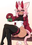  1girl absurdres animal_ears ass bench black-framed_eyewear black_thighhighs blush breasts cat_ears cat_girl cat_tail closed_mouth crossed_legs daigada glasses heart heart-shaped_pupils highres holding holding_mistletoe long_sleeves looking_at_viewer medium_hair mistletoe original pink_hair red_eyes round_eyewear sitting small_breasts solo symbol-shaped_pupils tail thighhighs 