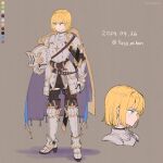  1girl armor armored_boots blonde_hair boots breastplate cape color_guide dated faulds flat_color full_body garter_straps gauntlets green_eyes helmet holding holding_helmet nagi_itsuki original plate_armor pouch shield shield_on_back short_hair shoulder_armor simple_background solo standing tassel thigh_pouch thighhighs 