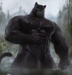 abs anthro biceps black_body black_fur blue_eyes dopq fangs felid flaccid fur genitals grin hair hi_res humanoid_genitalia humanoid_penis looking_at_viewer male mammal muscular muscular_anthro muscular_male nipples nude pantherine pecs penis smile solo teeth water