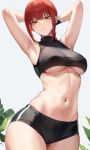  1girl absurdres armpits arms_behind_head arms_up breasts chainsaw_man deyo_(nicijyou) highres large_breasts looking_at_viewer makima_(chainsaw_man) navel red_hair short_shorts shorts simple_background solo sportswear stomach sweat underboob white_background yellow_eyes 