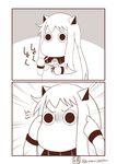  2koma brain_freeze comic commentary eating emphasis_lines highres holding horns kantai_collection mittens monochrome moomin muppo no_humans northern_ocean_hime sazanami_konami shaved_ice shinkaisei-kan translated 