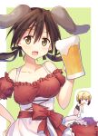  2girls alcohol animal_ears beer beer_mug blonde_hair blue_eyes blush breasts brown_eyes brown_hair cleavage cup dirndl dog_ears erica_hartmann german_clothes gertrud_barkhorn hair_ribbon hand_on_own_hip hatsukaze33 holding holding_cup large_breasts long_hair looking_at_viewer mug multiple_girls open_mouth ribbon short_hair simple_background smile strike_witches twintails world_witches_series 