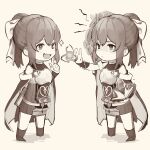  2girls :d annoyed arm_behind_back armor book bow bracelet breastplate brown_background cape chibi chibi_only commentary_request delthea_(fire_emblem) dress dual_persona empty_eyes fang fire_emblem fire_emblem_echoes:_shadows_of_valentia from_side full_body hair_bow hand_on_own_cheek hand_on_own_face hand_up highres holding holding_book jewelry looking_ahead magic multiple_girls open_book open_mouth outstretched_arm outstretched_hand ponytail shaded_face sidelocks simple_background skin_fang smile sparkle standing yomogi_(mayonaka_030) 