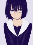  black_eyes black_hair freckles glasses looking_at_viewer mattaku_mousuke original parted_lips purple_background short_hair solo upper_body 