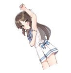  1girl aa211108 arm_up armpits bare_arms blush brown_hair commentary cropped_legs dress dutch_angle idolmaster idolmaster_cinderella_girls long_hair looking_at_viewer presenting_armpit sailor_dress simple_background solo tachibana_arisu thighs very_long_hair white_background 