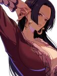  1girl black_hair boa_hancock breasts cleavage dress earrings highres jewelry kurage20001 large_breasts long_hair long_sleeves looking_at_viewer one_piece red_dress simple_background snake_earrings solo upper_body white_background 