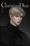  1boy black_background black_eyes black_sweater closed_mouth cover english_text fake_magazine_cover gradient_background grey_hair highres ilay_riegrow looking_at_viewer magazine_cover male_focus numbered passion_(manhwa) plyu realistic solo sweater turtleneck turtleneck_sweater twitter_username 
