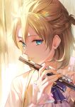 1boy albedo_(genshin_impact) ascot blonde_hair blue_eyes braid closed_mouth fingernails flute french_braid genshin_impact hair_between_eyes hands_up highres holding holding_flute holding_instrument instrument long_sleeves looking_at_viewer male_focus music namimenou playing_flute playing_instrument purple_ascot shirt short_hair smile solo standing upper_body white_shirt 