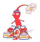  artist_name canarywitch flower highres no_humans oversized_clothes pikmin_(creature) pikmin_(series) red_pikmin shoes simple_background sneakers sweatdrop white_background white_footwear 