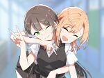  2girls absurdres arm_around_neck black_dress blurry blurry_background blush brown_hair closed_eyes closed_mouth collared_shirt commentary_request dress enshu_suruga green_eyes hair_ornament hairclip highres hug hug_from_behind indoors kino_himari long_hair looking_at_viewer medium_hair mizuguchi_miki mole mole_under_mouth multiple_girls one_eye_closed open_mouth orange_hair pinafore_dress sasayaku_you_ni_koi_wo_utau school_uniform shirt short_sleeves sleeveless sleeveless_dress smile upper_body v white_shirt 