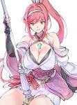  1girl bare_shoulders breasts chest_jewel cleavage core_crystal_(xenoblade) criss-cross_halter detached_sleeves fingerless_gloves glimmer_(xenoblade) gloves halterneck high_ponytail highres holding holding_staff japanese_clothes kimono large_breasts long_hair looking_at_viewer obi ponytail red_hair sash sketch smile solo staff swept_bangs ug333333 white_kimono xenoblade_chronicles_(series) xenoblade_chronicles_3 xenoblade_chronicles_3:_future_redeemed 