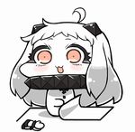 :3 ahoge chibi commentary_request horns kantai_collection long_hair looking_at_viewer mittens_removed northern_ocean_hime open_mouth red_eyes shinkaisei-kan simple_background solo tanaka_kusao white_background white_hair white_skin 