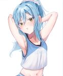  1other armpits arms_up blue_hair cheerleader chocoeiru crop_top hair_between_eyes highres light_blush long_hair navel ponytail rimuru_tempest tensei_shitara_slime_datta_ken upper_body white_background yellow_eyes 