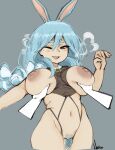  2024 animal_humanoid areola big_areola big_breasts big_nipples blue_hair breast_grab breasts brown_eyes duo female hair hand_on_breast hatsumiilkshake hi_res humanoid lagomorph lagomorph_humanoid leporid_humanoid mammal mammal_humanoid navel nipples open_mouth open_smile pekomama pubes rabbit_humanoid simple_background smile 