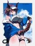  1girl animal_ears arknights bar_censor black_gloves blue_jacket blue_sky breasts censored covered_nipples covered_testicles cow_ears cow_girl cow_horns cow_tail cowboy_shot crop_top erection fingerless_gloves foreskin foreskin_pull futanari gloves hair_between_eyes highres horns huge_nipples jacket large_breasts long_sleeves mirin_chikuwa navel phimosis precum purple_hair sideroca_(arknights) sideroca_(light_breeze)_(arknights) sky solo tail thigh_strap visor_cap yellow_eyes 