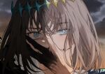  1boy arthropod_boy black_hair blue_eyes covering_own_mouth crown diamond_hairband dual_persona fate/grand_order fate_(series) grey_hair hair_between_eyes hand_on_own_face hand_over_own_mouth highres looking_at_viewer male_focus medium_hair oberon_(fate) oberon_(third_ascension)_(fate) official_alternate_hair_color portrait romo827 smile solo split_theme 
