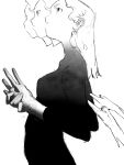  1girl breasts closed_mouth from_side greyscale gtsleep1200 hair_behind_ear highres long_hair long_sleeves looking_up monochrome multiple_views original own_hands_together simple_background sketch small_breasts standing tagme upper_body white_background wings 