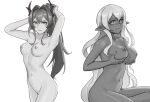  2girls arknights armpits arms_up blush breast_hold breasts closed_mouth cowboy_shot dark-skinned_female dark_skin female_pubic_hair greyscale hair_intakes highres horns large_breasts long_hair looking_at_viewer lunn medium_breasts monochrome multiple_girls navel original parted_lips pointy_ears ponytail pubic_hair sidelocks simple_background sitting stomach surtr_(arknights) v-shaped_eyebrows very_long_hair white_background 