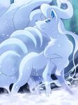  alolan_ninetales animal_focus blue_eyes bright_pupils closed_mouth commentary_request highres looking_up night no_humans outdoors pokemon pokemon_(creature) rumine_(yoshi1234567) snow solo white_pupils 