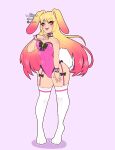  2023 animal_humanoid biped blonde_hair bow_(feature) breasts carrot cleavage clothed clothing eixy eyelashes female fluffy fluffy_tail food gradient_hair hair hi_res humanoid lagomorph lagomorph_humanoid leotard leporid_humanoid long_hair mammal mammal_humanoid open_mouth open_smile paws pink_background pink_clothing pink_eyes pink_leotard plant rabbit_humanoid roxie_(nicaarts) simple_background smile solo standing tail thick_thighs vegetable 