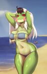 amphibian anthro beach big_breasts bikini breast_squish breasts cleavage_cutout clothing cutout female frog gero_(higgyy) glistening glistening_body glistening_skin hands_behind_back hi_res huge_breasts mordwyl solo squish strapless_clothing strapless_swimwear string_bikini swimwear thick_thighs wide_hips