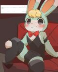 absurd_res animal_crossing anthro blonde_hair blue_body blue_fur blush bow_tie bulge clothed clothing crossdressing dok2_mo femboy fur furniture grey_eyes hair hi_res japanese_text kemono legwear looking_at_viewer male nintendo playboy_bunny playboy_outfit sasha_(animal_crossing) sofa solo stockings text thigh_highs