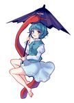  barefoot blue_eyes blue_hair full_body heterochromia karakasa_obake open_mouth red_eyes short_hair simple_background skirt smile solo tatara_kogasa tongue touhou umbrella uranaishi_(miraura) white_background 