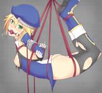  arched_back arms_behind_back ass ball_gag bdsm beret black_legwear blazblue blonde_hair blue_legwear bondage boots bound breasts gag gagged hat highres looking_at_viewer mingaru nipples noel_vermillion red_rope restrained rope short_hair small_breasts solo suspension thighhighs torn_clothes torn_legwear 