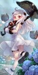  bare_shoulders dress flower highres horns hydrangea kantai_collection ks long_hair looking_at_viewer mittens northern_ocean_hime oni_horns rain red_eyes shinkaisei-kan silver_hair sleeveless sleeveless_dress solo thigh_strap umbrella white_dress white_hair 