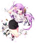  aisha_(elsword) bare_legs black_footwear black_skirt elsword full_body globe high_heels long_hair open_toe_shoes pencil_skirt pika_(kai9464) purple_eyes purple_hair scissors shirt shoes skirt smile solo teacher white_background white_shirt 