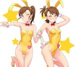  ;) animal_ears bare_arms bare_legs bare_shoulders brown_eyes brown_hair bunny_ears bunny_tail bunnysuit detached_sleeves futami_ami futami_mami grin heart high_heels highleg highleg_leotard highres idolmaster idolmaster_(classic) leotard multiple_girls name_tag no_socks one_eye_closed pose siblings side_ponytail sisters smile standing standing_on_one_leg star tail tsurui twins wrist_cuffs yellow_leotard 