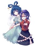  beret blue_eyes blue_hair dress drill_hair flower hair_ornament hair_rings hair_stick hand_on_another's_shoulder hat jiangshi kaku_seiga miyako_yoshika multiple_girls ofuda open_mouth outstretched_arms shawl short_hair simple_background skirt smile star touhou uranaishi_(miraura) vest white_background zombie_pose 
