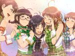  akizuki_ritsuko antenna_hair belt blush braid breasts brown_eyes brown_hair chiaki_rakutarou confetti futami_ami glasses hagiwara_yukiho highres hoshii_miki idolmaster idolmaster_(classic) jewelry kikuchi_makoto medium_breasts multiple_girls necklace open_mouth short_hair sleeveless smile tears wrist_cuffs 