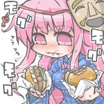  chewing food hamburger hata_no_kokoro kureha_mitsushige long_hair mask pink_eyes pink_hair shirt solo touhou 