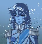  &gt;:) androgynous blue blue_background epaulettes gradient gradient_background kamo2011kamo monochrome oscar_francois_de_jarjayes petals short_hair simple_background smile solo uniform v-shaped_eyebrows versailles_no_bara younger 