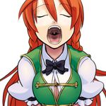  blouse braid breasts chinese_clothes close-up closed_eyes commentary_request hair_between_eyes hong_meiling kagehito large_breasts long_hair open_blouse open_clothes open_mouth oral_invitation pov puffy_sleeves red_hair solo tangzhuang touhou twin_braids upper_body uvula v_arms 