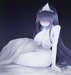  arano_oki bangs bed_sheet black_hair blush breasts curvy ghost hair_over_eyes large_breasts long_hair navel nipples nude okiku_(banchou_sarayashiki) pale_skin solo touhou triangular_headpiece very_long_hair wide_hips 