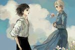  1girl black_hair blue_dress braid cloud day dress flower from_side hands_together highres howl_(howl_no_ugoku_shiro) howl_no_ugoku_shiro looking_at_another red_ribbon ribbon shirt short_hair silver_hair single_braid sky sophie_(howl_no_ugoku_shiro) toothbird victorian white_shirt wind 