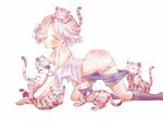  androgynous animal animal_on_head ass black_legwear blonde_hair bow cub flock full_body garuko gokotai gokotai's_tigers hair_over_one_eye kneehighs licking male_focus on_head otoko_no_ko pants_pull shirt_pull tears tiger tiger_cub touken_ranbu wavy_hair white_tiger yellow_eyes 