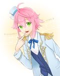  ahoge amano_yoru bad_id bad_pixiv_id beamed_eighth_notes copyright_name eighth_note ensemble_stars! epaulettes green_eyes hat himemiya_touri jacket male_focus mini_hat mini_top_hat musical_note open_mouth pink_hair pointing pointing_at_self quarter_note ribbon sidelocks solo star top_hat vest 