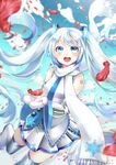  blue_eyes boots detached_sleeves feathers hatsune_miku long_hair looking_at_viewer maronie. mittens necktie scarf skirt sleeveless solo thigh_boots thighhighs twintails very_long_hair vocaloid white_hair white_skirt yuki_miku 